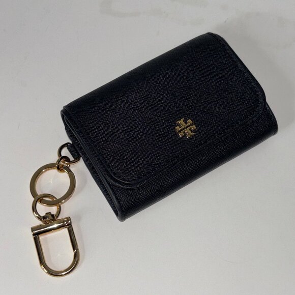 Tory Burch Handbags - Tory Burch Emerson Flap Card Case Key Ring Coin Pouch Wallet Black .  Saffiano l